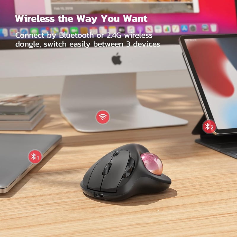 Nulea M501 Wireless Trackball Mouse, Rechargeable Ergonomic, Thumb-Controlled, Smooth Precision, 3-Device Connect (Bluetooth/USB), Fits PC, Laptop, Mac, Windows（Dusty Pink） - Image 4
